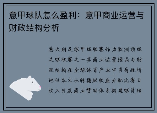 意甲球队怎么盈利：意甲商业运营与财政结构分析