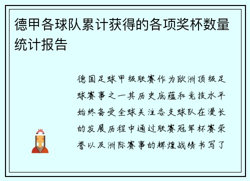 德甲各球队累计获得的各项奖杯数量统计报告